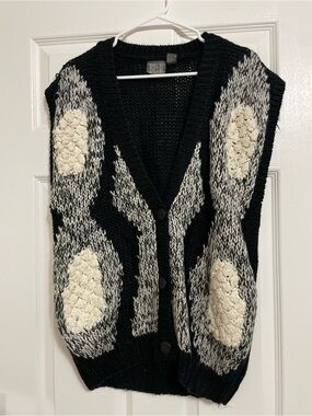 Vintage 80s Blvd East Abstract Knit Sweater Vest Black White Cream Size 38